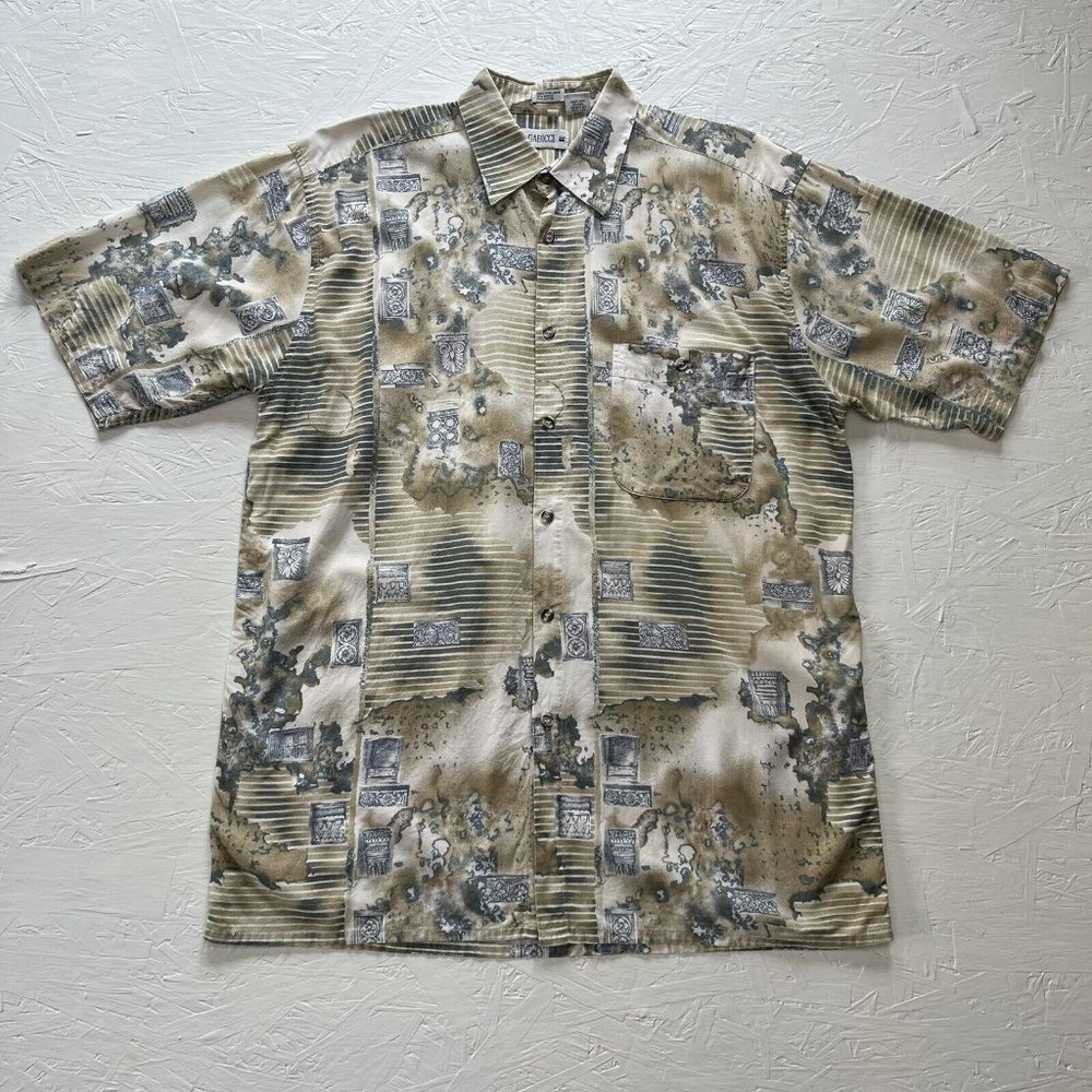 Mens Gabicci Retro Pattern Geometric Abstract Shirt Mens Large S/S Button Front